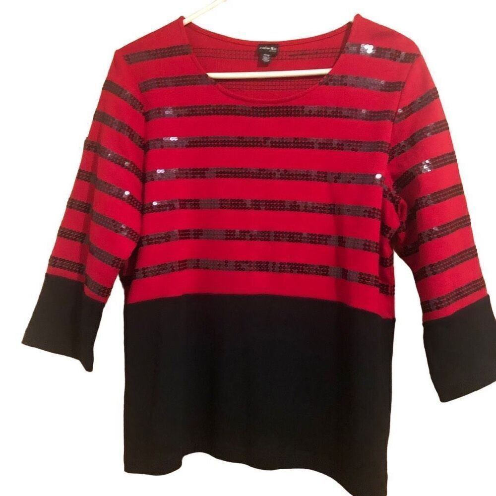 Rafaela Petite Size M Crew Neck Red Black Striped Shimmery Holiday Sweater